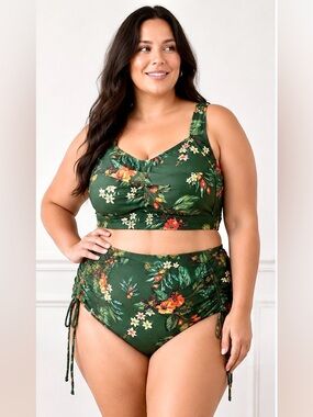 NWT Hanna Nikole Plus Size 24W 3XL Green Tropical Floral Bikini Set